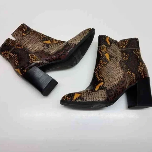 Franco Sarto Snakeskin Block Heel Square Toe Generous Bootie. - Picture 5 of 14